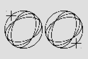 Intricate black and white pixel art featuring circular patterns with binary symbols, showcasing abstract shapes.