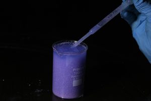 Close-up of a gloved hand mixing a purple chemical solution in a beaker.