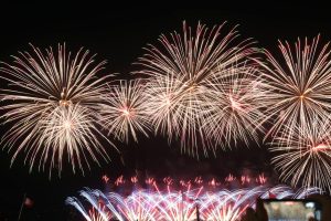 A vivid and colorful fireworks display lighting up the night sky with vibrant patterns.