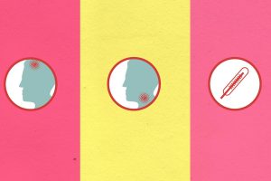 Cardboard appliques of human heads with viruses and thermometer in circles during coronavirus pandemic on colorful background