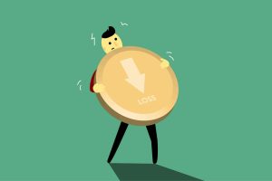 Illustration of a cartoon character struggling with a large coin symbolizing financial loss.