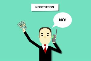 Concept illustration of man with money saying no to offer during business negations on phone