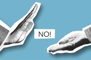 Cutout paper composition representing male showing rejection to outstretched helping hand during negotiations