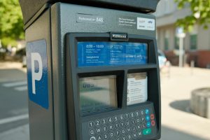 Close-up of a parking meter with digital interface in a city street.
