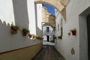 A narrow, sunlit alleyway in Lebrija, Spain, decorated with potted plants and white buildings.