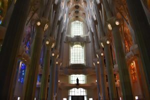 Stunning view of the La Sagrada Familia interior showcasing its unique architecture and stained glass.