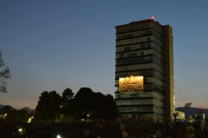 Spectacular view of the iconic UNAM University tower at twilight in Mexico City, capturing its architectural detail.