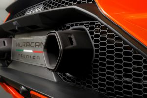 Detailed close-up of Lamborghini Huracan Tecnica exhaust showcasing luxury design and engineering.