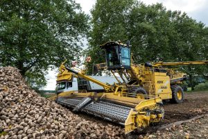 Yellow Ropa harvester collects sugar beets on farm in Hamburg, Germany.