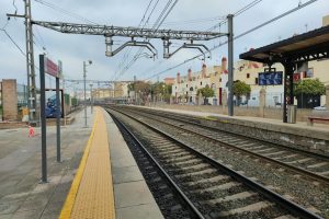 A tranquil view of the railway tracks at Dos Hermanas station in Andalucía, Spain.