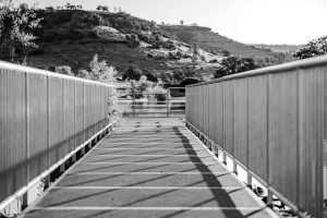 Monochrome image of a walkway bridge leading to scenic hills in Chico, California.