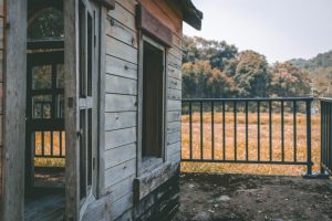 A rustic wooden cabin with open doors, overlooking a serene field and grove of trees under a clear blue sky.