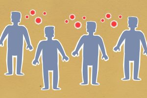 Paper cutout silhouette of men placed together surrounded by contagious spreading red viruses on brown background during dangerous coronavirus outbreak