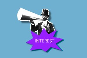 Paper composition of man with megaphone announcing news for attracting attention and interest against blue background