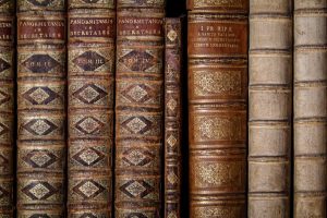 Detailed view of classic leather-bound books lined on a shelf.