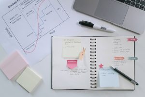 Flat lay of a workspace with an open notebook, sticky notes, planning chart, and laptop for productivity and organization.